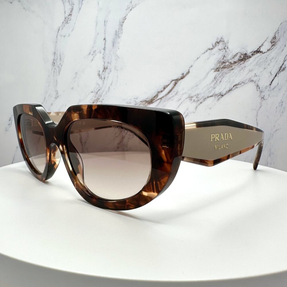 NEW PRADA Sunglasses Brown Tortoise Caramel Gold Symbole Oval Cat Eye Womens - Picture 3 of 16